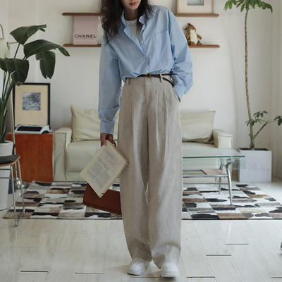 高腰ins风博主长裤百分百亚麻