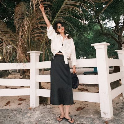 中长款包臀A字裙醋酸缎面半身裙