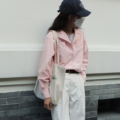 韩国单排扣长袖纯棉古巴领衬衫