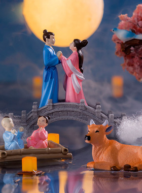 微景观简约创意七夕节牛郎织女情侣 DIY装饰品迷你桌面树脂小摆件