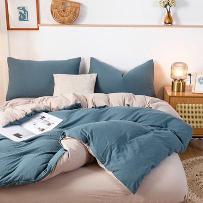 无印直供！日式纯色针织棉四件套双拼天竺棉床品套件柔软针织件套