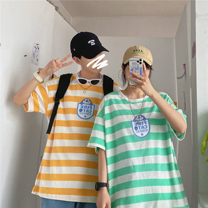 1404-3-T093-p35男女短袖情侣装新款港风夏款条纹印花T恤K图片
