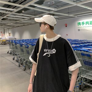 1404-2-T098-p35男女款新织带港风短袖纯棉夏季体恤情侣印花gK图片