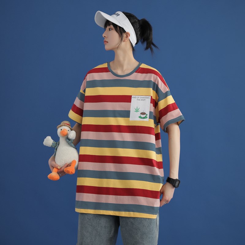 1404-1-T095-p男装新款女中性风短袖棉麻夏季t恤条纹图片