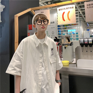 714-1-C16 新款港风印花中性风棉短袖 男女衬衫休闲宽松衬衣图片