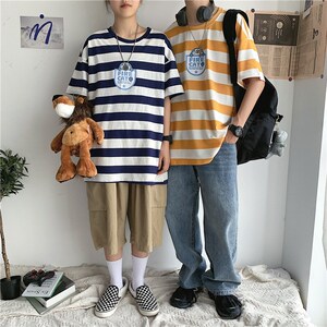 1404-3-T093-p35男女短袖情侣装新款港风夏款条纹印花T恤K图片