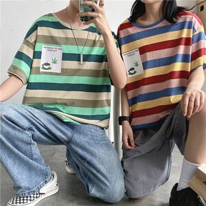 1404-3-T095-p35男装新款女港风情侣t恤夏季条纹体恤情侣K图片