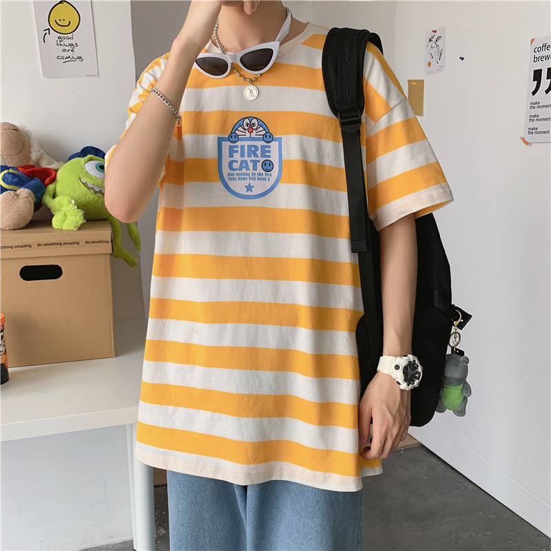 714-2-T093-p33男新款港风短袖夏季条纹印花体恤情侣HV图片