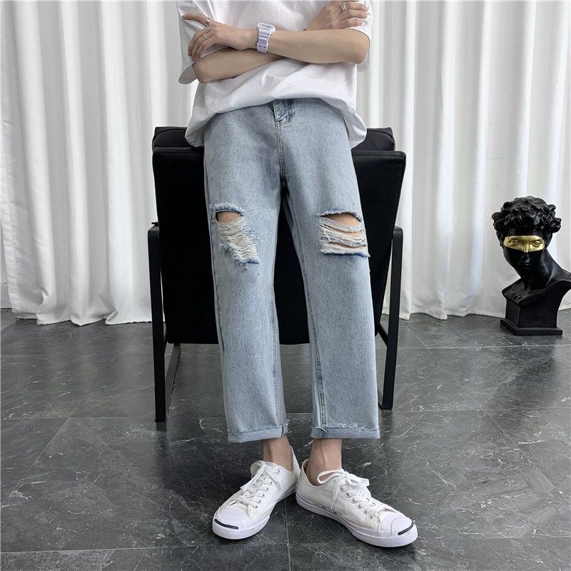 21男刺绣新款港风精品牛仔裤破洞休闲女裤子714-2潮图片