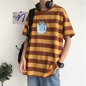 714-2-T093男女情侣装新款短袖款港风夏季条纹印花T恤港潮图片
