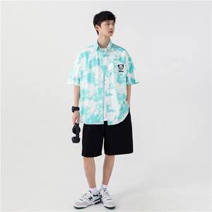 1404-2-C25-P50新款时尚精致潮流宽松短袖衬衫男女同款情侣款K