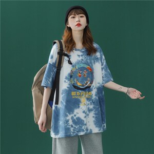 1404-1-T079-p43新款港风短袖棉麻平铺夏季印花 体恤男女情侣K图片