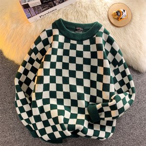 1404-1-705-P55男女秋冬款日系圆领休闲时尚格子毛衣,雾霾蓝裤子搭配南瓜色毛衣可以吗图片