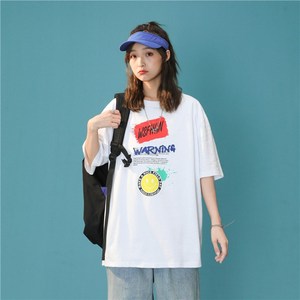1404-2-T056-P35款印花宽松男女T恤圆领落肩学生短袖上衣图片