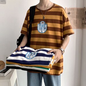 714-1-T093男女情侣装新款港风夏季条纹短袖印花T恤潮港潮流图片