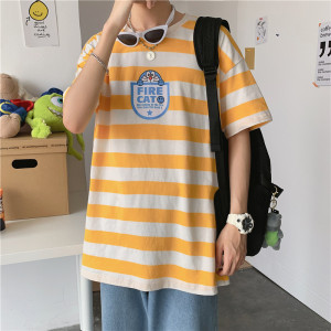 714-2-T093-p33男新款港风短袖夏季条纹印花体恤情侣h图片