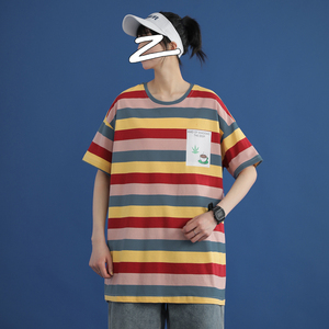 714-1-T095男中性风新款女港风短袖棉夏季t恤条纹是图片