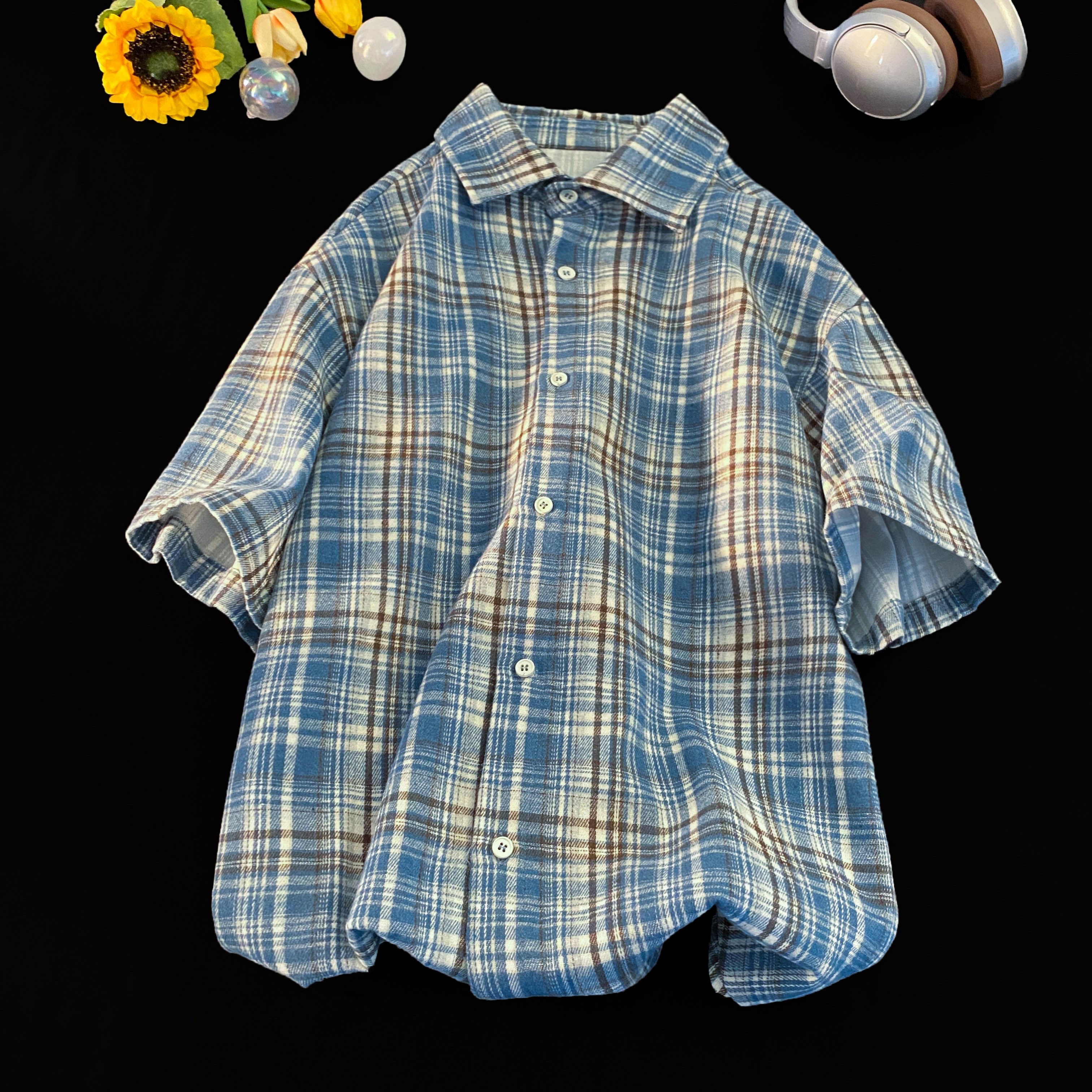 1404-2-5149-p302025夏季新款休闲大码格子短袖衬衣，商品下架区商品下架区，星座1404-1