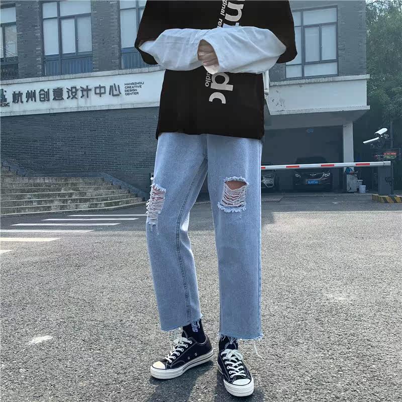 男生新款港风精品牛仔裤破洞休闲裤714-2M图片