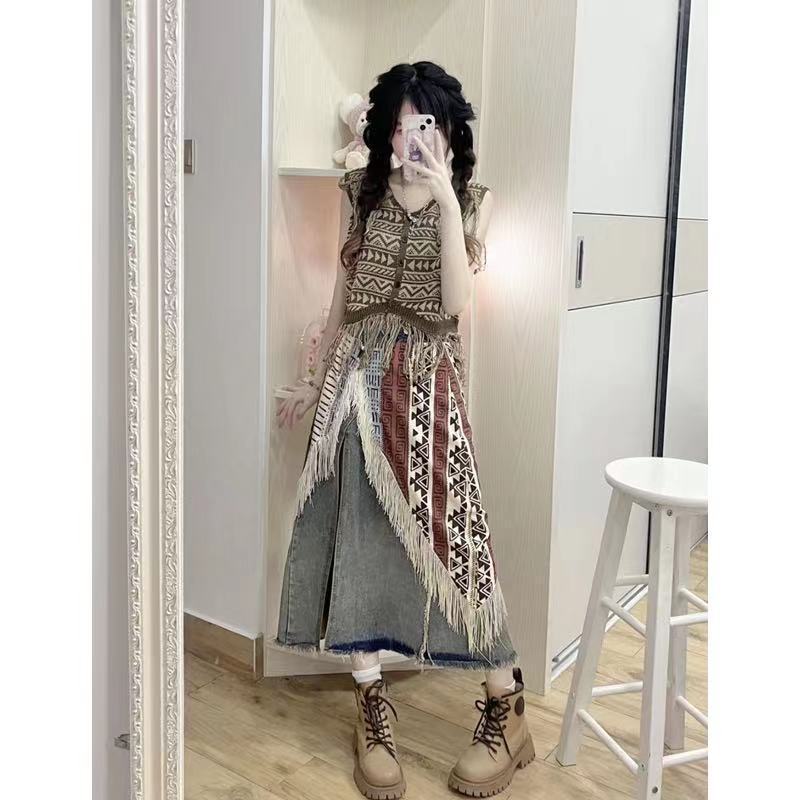 三件套装女2025夏季新款波西米亚针织马甲背心牛仔半身裙搭配围裙