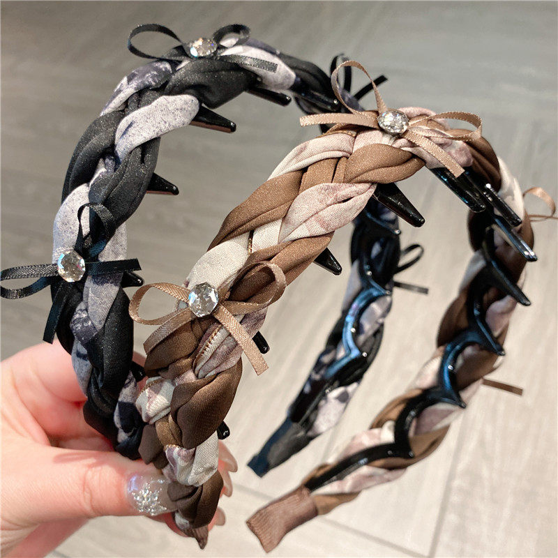 高颅顶碎花麻花辫子发箍超仙甜美蝴蝶结气质带齿防滑波浪洗脸头箍