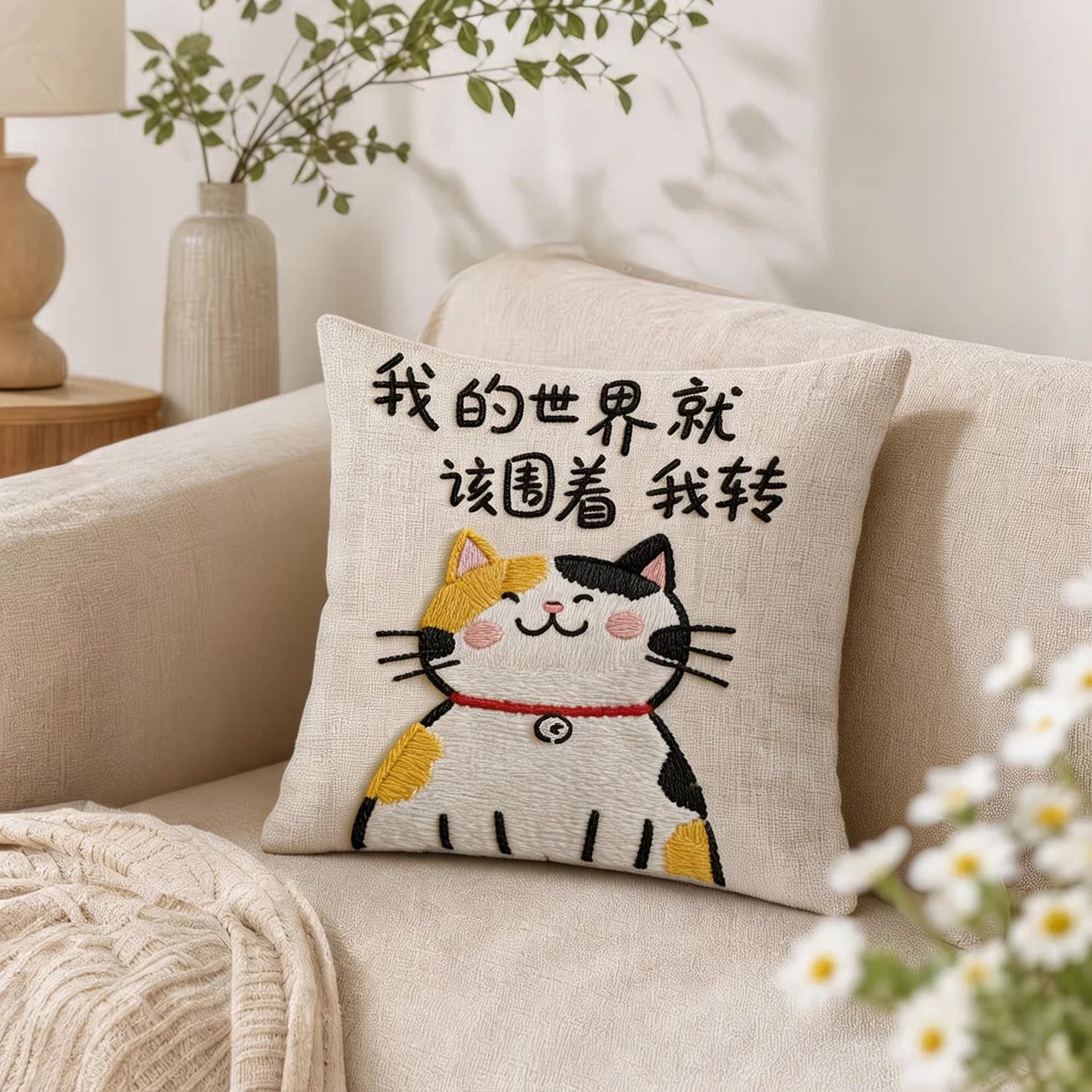 正能量抱枕可爱猫咪靠枕猫猫哲学文字印花沙发靠垫好命治愈枕套