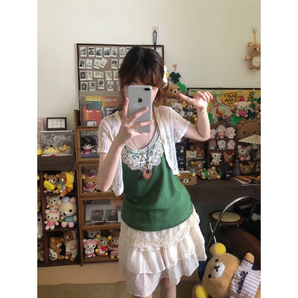 古早味森系复古绿色蕾丝拼接吊带+开衫+半裙设计感三件套夏季新款