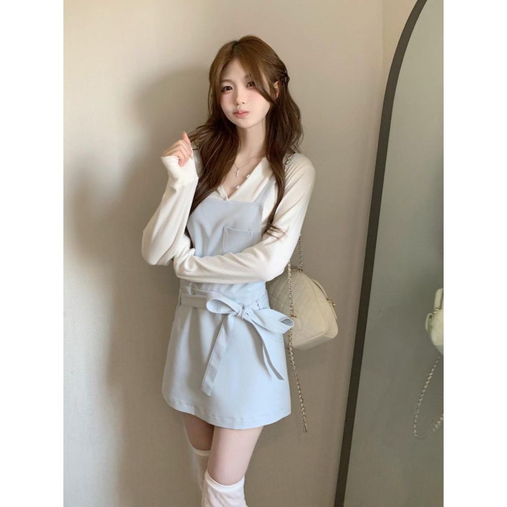 【雾蓝柔绾】韩系温柔减龄两件套甜美内搭蝴蝶结背带裙套装女