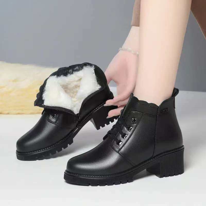 真皮冬季羊毛女士棉鞋牛皮高档短靴新款保暖中跟软底中年妈妈棉靴,女鞋,时装靴,淘宝优惠券,粉丝福利购,淘宝优惠卷