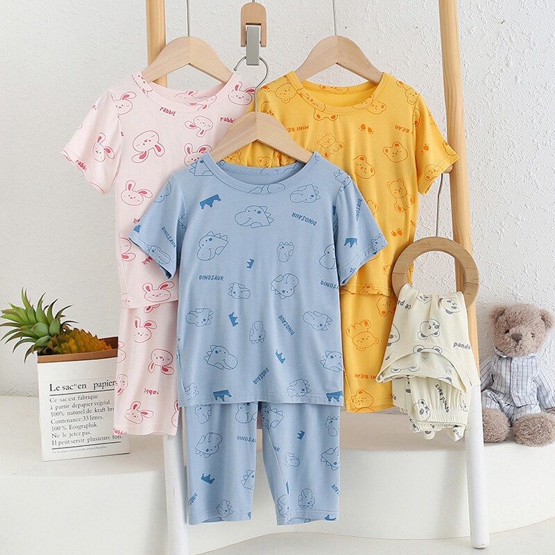 莫代尔儿童睡衣夏天空调宝宝男童短袖家居服婴儿女童七分裤套装薄