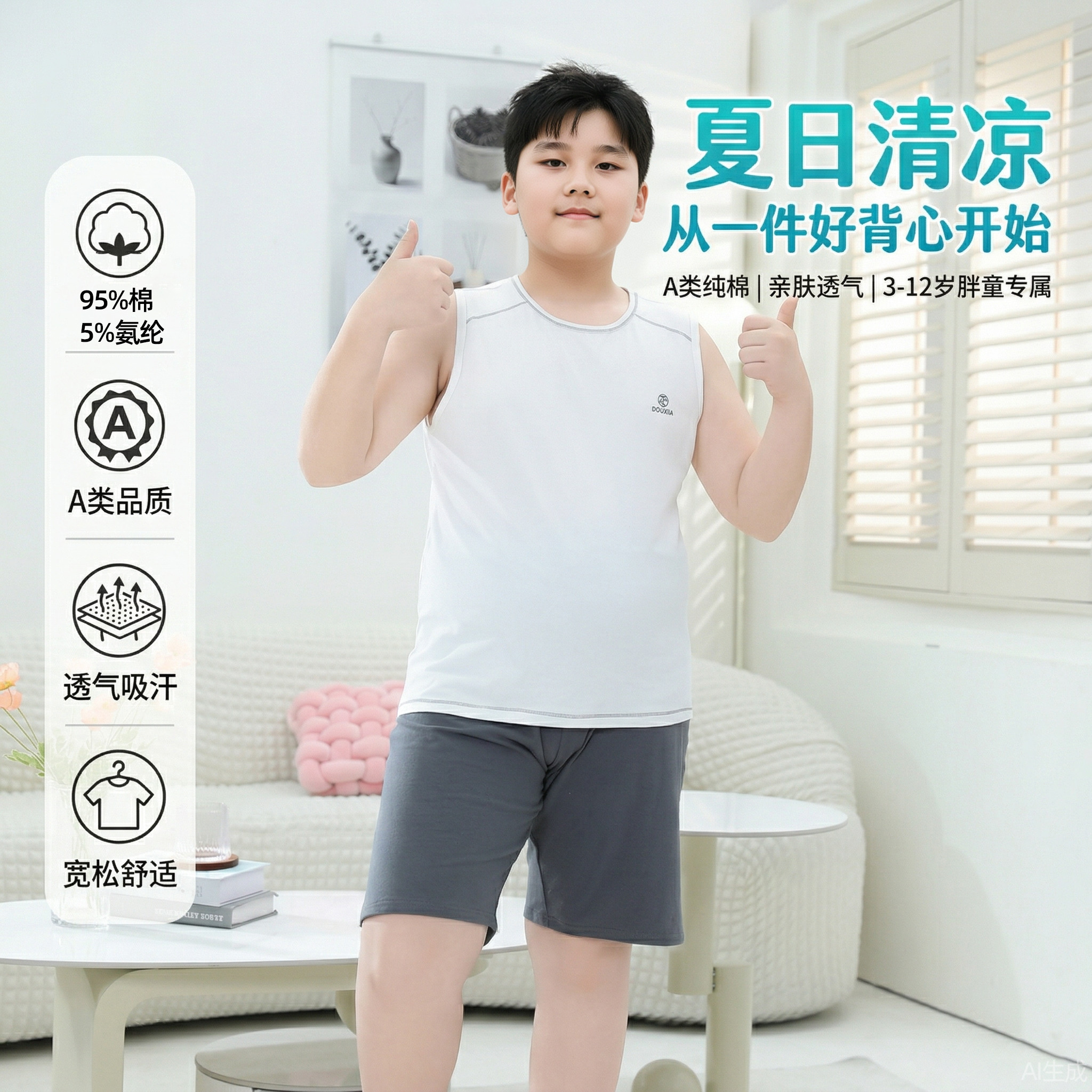 儿童背心纯棉A类男童胖童夏季薄无袖上衣宝宝内穿外穿打底衫透气