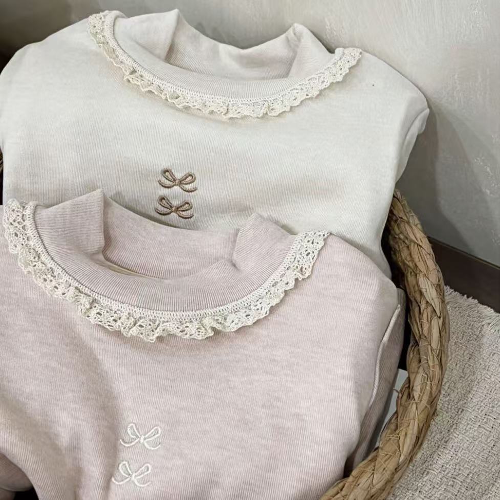 儿童打底衫刺绣蕾丝拼接t恤德绒保暖女童洋气百搭半高领上衣秋冬