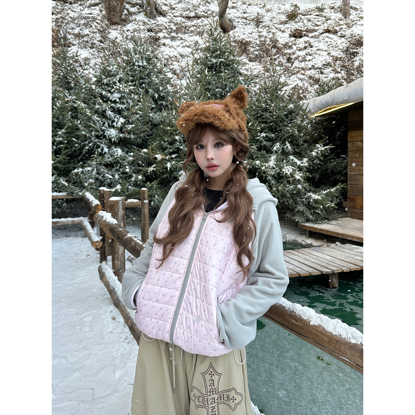 波点满印排骨棉服外套女显瘦棉衣