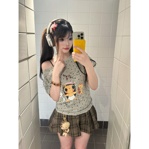 yk2波点斜肩T恤女辣妹小yu短袖女