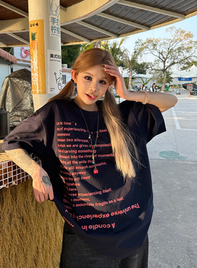 SIXMINU 美式复古字母印花短袖男女宽松显白上衣情侣纯棉T恤女潮