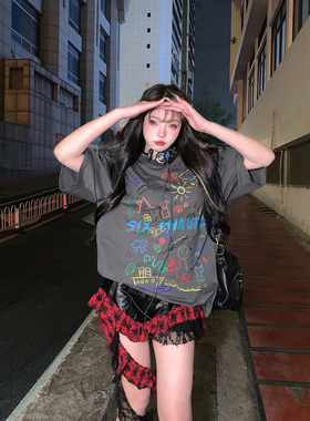 SIXMINU（2026）春夏街头涂鸦印花短袖T恤男女宽松显瘦显白t恤女