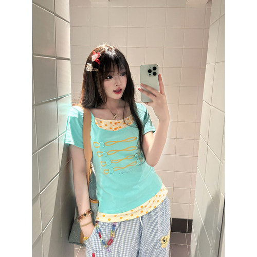 波点假两件纽扣正肩短袖T恤女