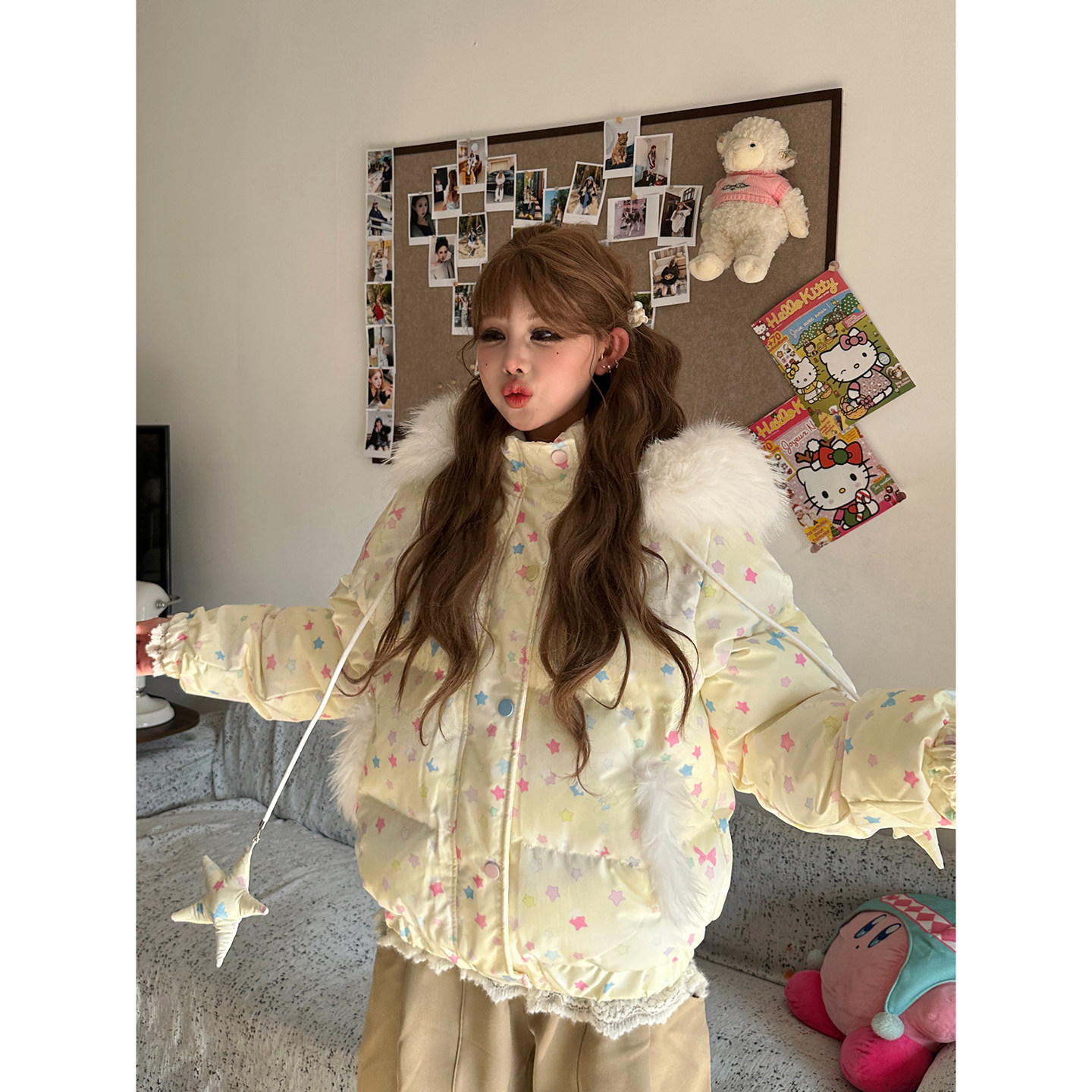 SIXMINU 甜美糖果色星星满印毛领可拆卸棉服女连帽加厚显瘦外套女
