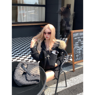 女秋冬慵懒风短款 立体小狗刺绣毛领连帽卫衣开衫 外套 美式 SIXMINU