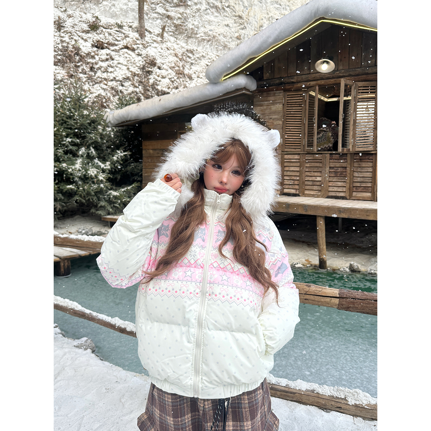 费尔岛加厚显瘦耳朵棉服外套连帽