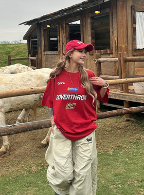 Sixminu街头超显白红色短袖重磅圆领纯棉T恤男女宽松字母印花半袖