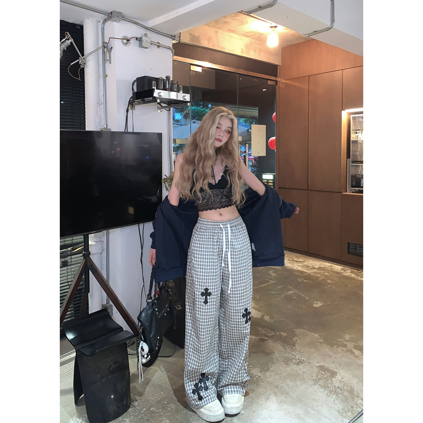 格子阔腿裤休闲十字架皮标长裤女