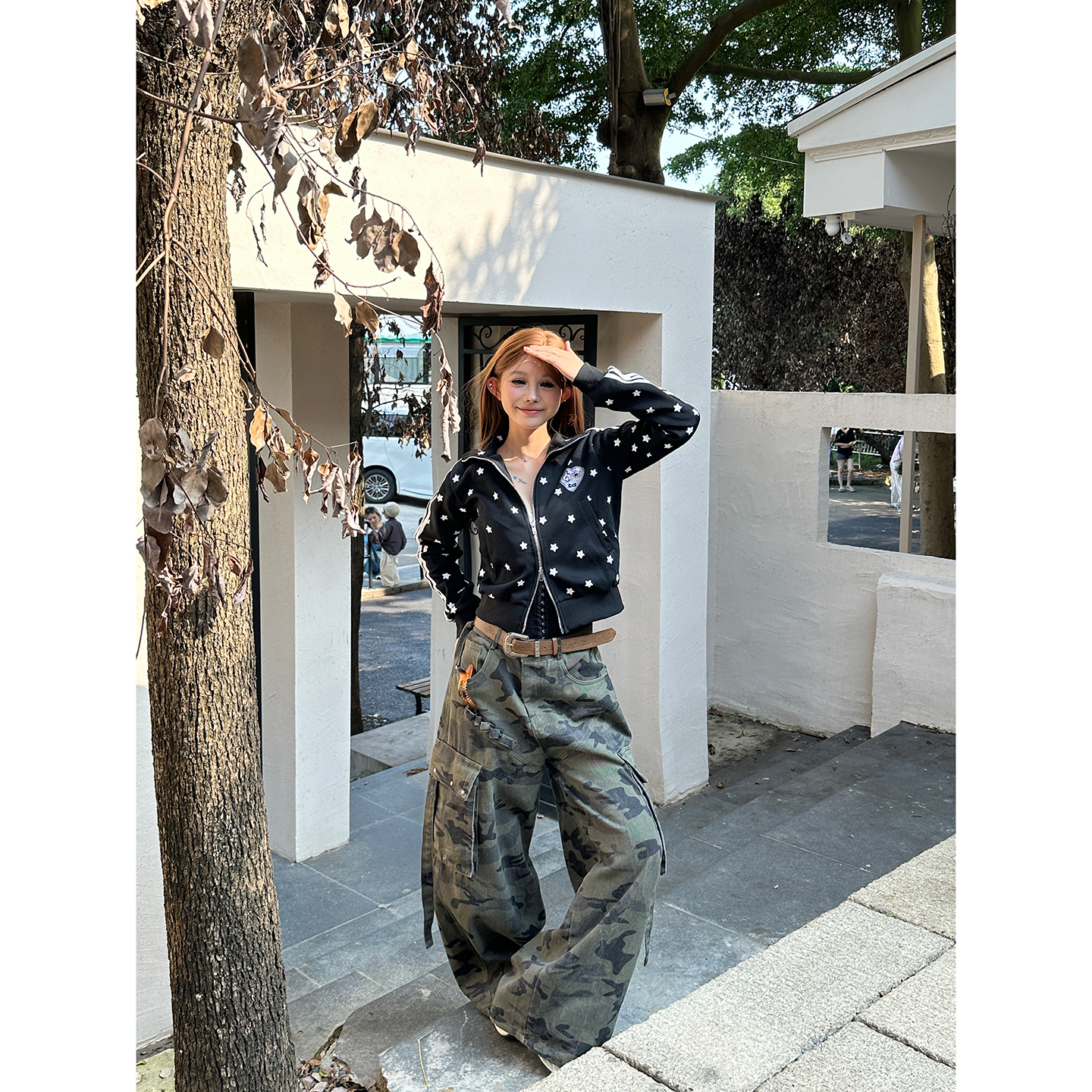 满印星星烫钻短款外套织带上衣女