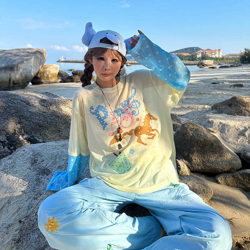 多巴胺波点撞色假两件罩衫T恤女t