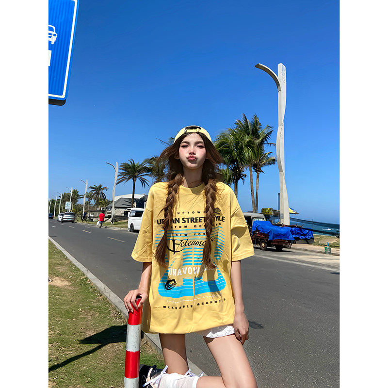 Sixminu美式嘻哈圆领T恤女oversize街头运动T恤男女情侣上衣t女潮