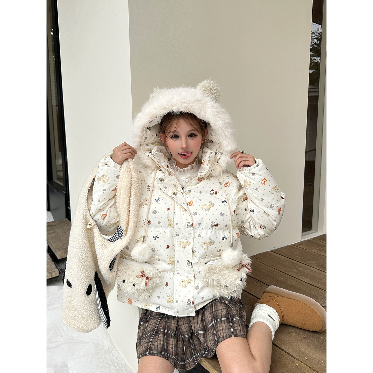 可爱耳朵毛领连帽棉服女面包服