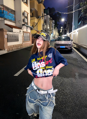 Sixminu 美式圆领纯棉T恤oversize趣味印花刺绣短袖情侣显白重磅t