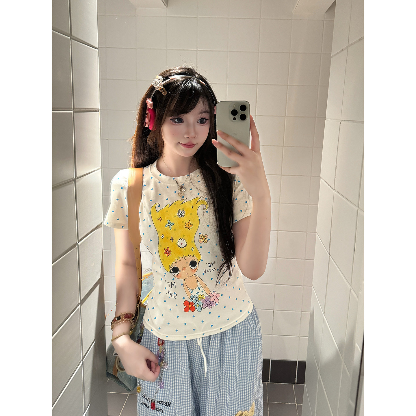 SIXMINU 辣妹风修身短款波点正肩短袖T恤女显瘦趣味印花上衣t恤女