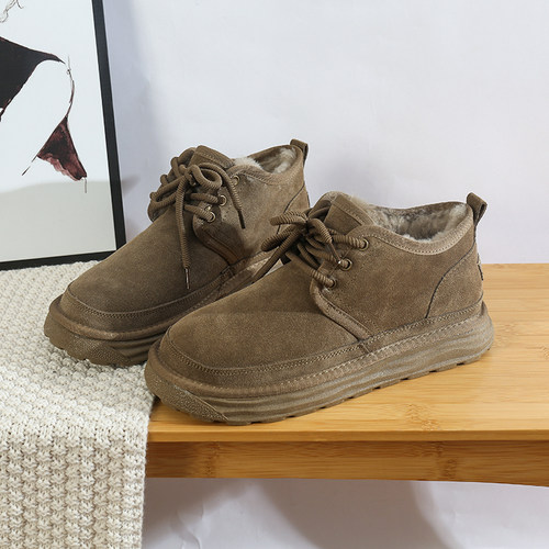 冬季雪地靴系带短筒真皮羊毛