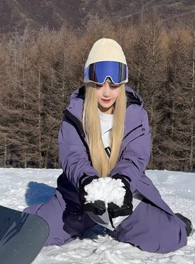 紫色滑雪服男女同款运动套装专业防水大码保暖登山冲锋衣雪地裤子